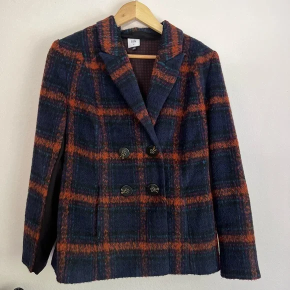 CAbi Checkmate Plaid Double Breasted Peacoat Blue/Orange Coat Women’s - Picture 3 of 9